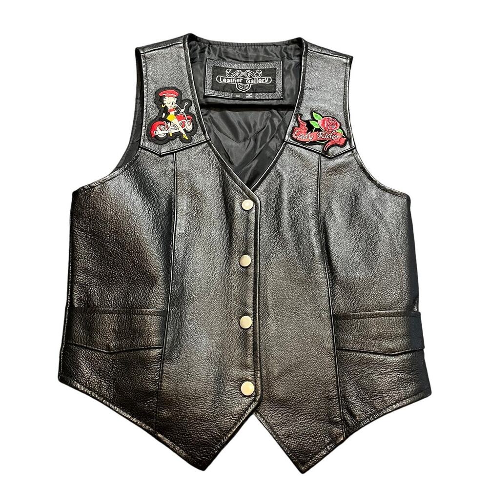 Vintage Leather Gallery Patchwork Betty Boop Biker Vest Black Leather‎ Moto Med
